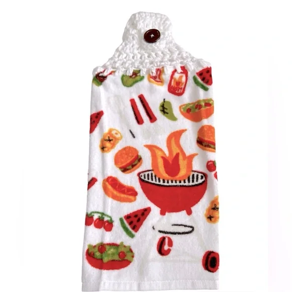 HAND CRAFTED Crocheted Top Colorful Summer BBQ Theme Hanging Kitchen Hand Towel - Picture 4 of 6